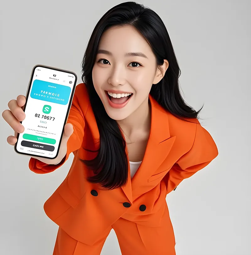 Woman in an orange suit showing a shopping app