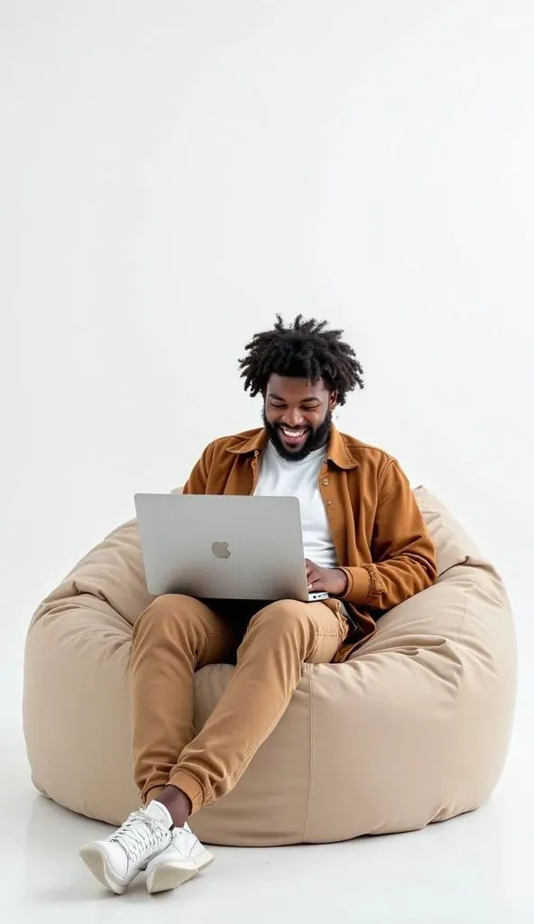 Man working on a laptop in a bean-bag chair