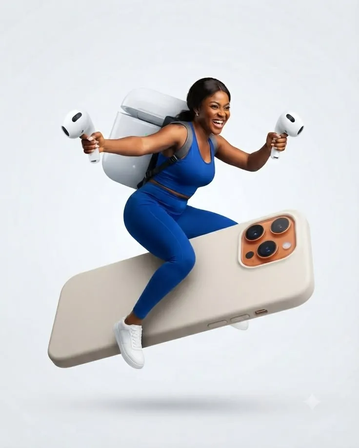 Woman riding a giant phone like a rocket