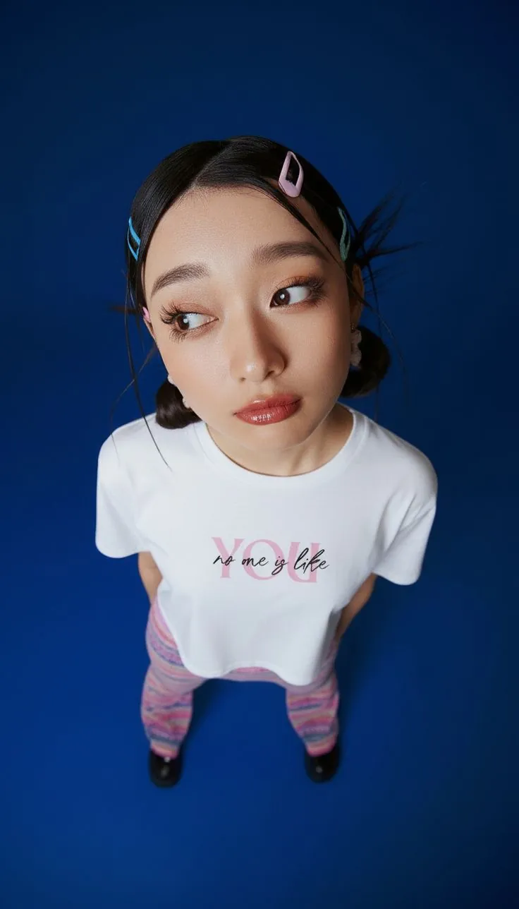 Young woman in a white T-shirt looking up